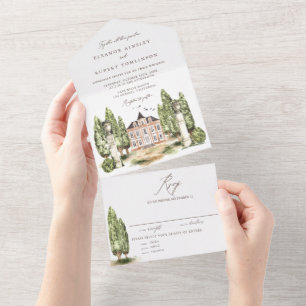 Invitation Tout En Un Vintage aquarelle Anglais Mariage du manoir
