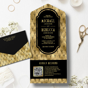 Invitation Tout En Un Vintage Art Déco Black Gold QR Code Mariage