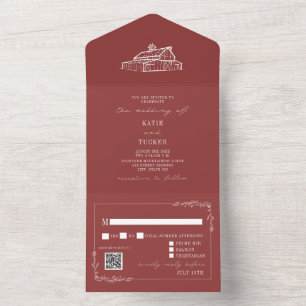 Invitation Tout En Un Vintage Barne Rustique Red QR RSVP Mariage de ferm