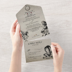Invitation Tout En Un Vintage Black White Alice en Mariage Wonderland