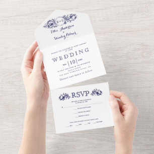 Invitation Tout En Un Vintage blanc cadre floral bleu marine mariage