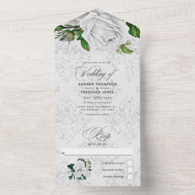 Invitation Tout En Un Vintage Blanc Roses Mariage Tout en un (À l'intérieur)
