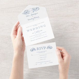 Invitation Tout En Un Vintage bleu foncé cadre floral blanc mariage al