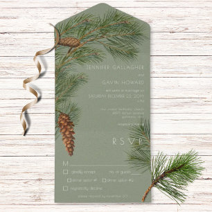 Invitation Tout En Un Vintage Branches de pin rustique Dîner vert
