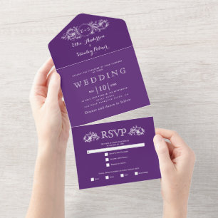 Invitation Tout En Un Vintage cadre fleuri violet et initiales mariage