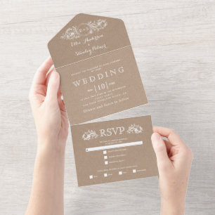Invitation Tout En Un Vintage cadre floral beige kraft mariage