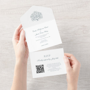 Invitation Tout En Un Vintage Elegant Dusty Bleu Baroque QR Code Mariage