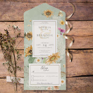 Invitation Tout En Un Vintage Été Tournesol Sage Vert Pas de Dîner