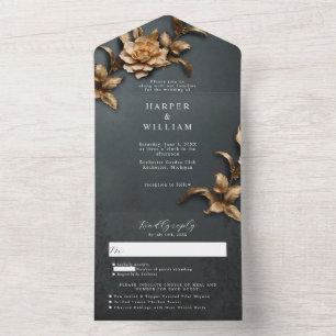 Invitation Tout En Un Vintage feuillage doré rsvp joint mariage