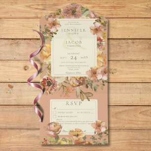 Invitation Tout En Un Vintage Floral Blush Pink & Rust Détails Mariage