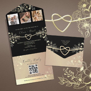 Invitation Tout En Un Vintage Floral Chic Gold et Black Mariage