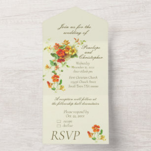 Invitation Tout En Un Vintage Floral Spray Orange et Mariage jaune