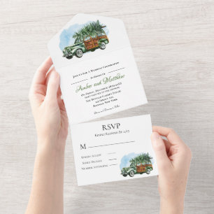 Invitation Tout En Un Vintage Green Wood Car Tree Mariage de Noël