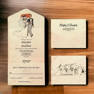 Invitation Tout En Un Vintage Retro Old Rustic Couple Comic Mariage de l