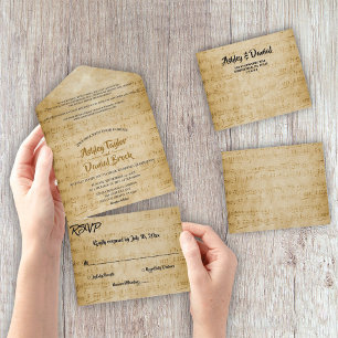 Invitation Tout En Un Vintage Retro Old Sheet Music Note Rustique Mariag