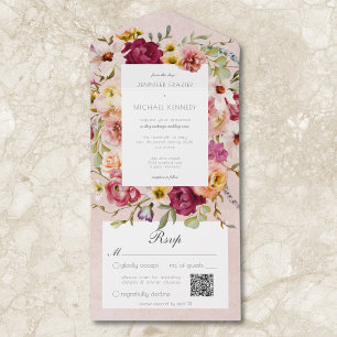 Invitation Tout En Un Vintage rose jaune Floral rose Mariage QR
