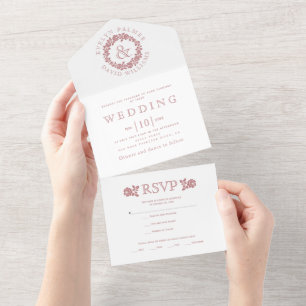 Invitation Tout En Un Vintage rose poussiéreuse couronne rose sur mariag