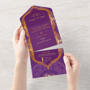 Invitation Tout En Un Violet avec Mandalas d'or
