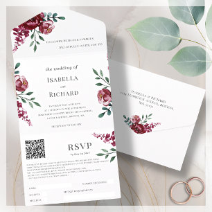 Invitation Tout En Un Violet Marsala Rouge Floral QR Code RSVP