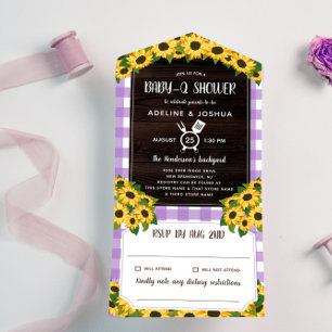 Invitation Tout En Un Violet rustique En vichy tournesol Baby-Q douche