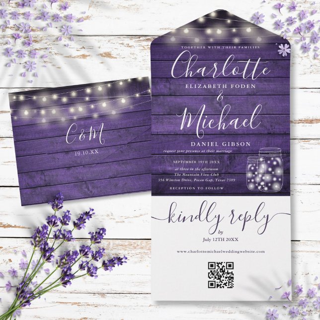 Invitation Tout En Un Violet Rustique QR Code Mason Jars Lumières Mariag (Purple Rustic QR Code Mason Jars Lights Wedding All In One Invitation)