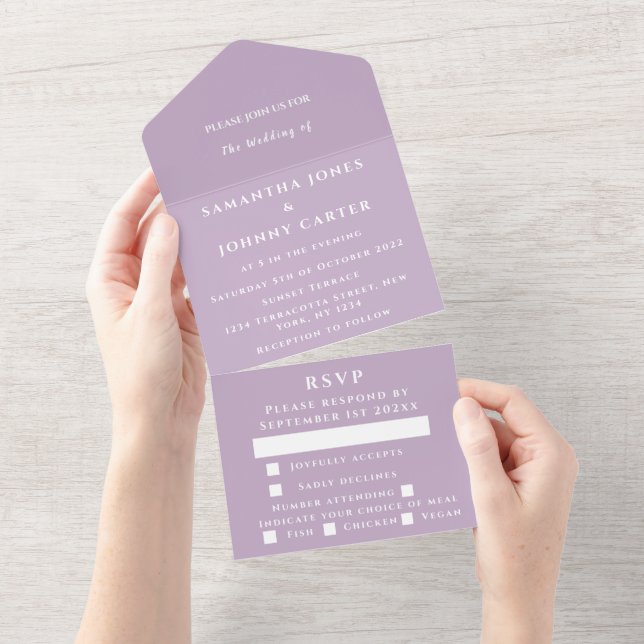 Invitation Tout En Un Violet violet Lavande Mariage moderne (Déchirure)