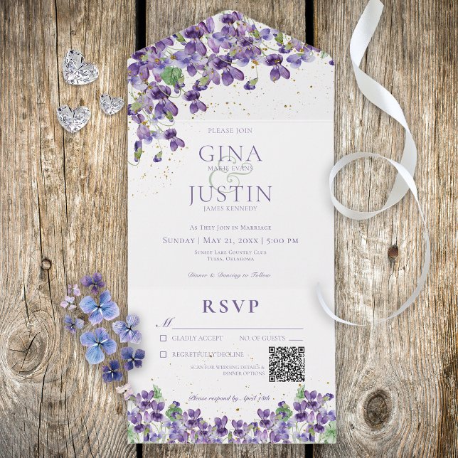 Invitation Tout En Un Violettes violettes violettes rustiques or Sparkle (Also available without a QR code.)