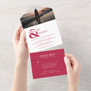 Invitation Tout En Un Viva Magenta moderne en Mariage photo blanc