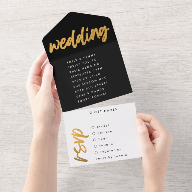 Invitation Tout En Un Voies latérales Black Gold Moderne Simple Mariage (Déchirure)