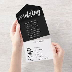 Invitation Tout En Un Voies latérales Noir Moderne Simple Mariage