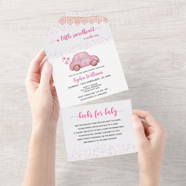 Invitation Tout En Un Voiture rose Valentine Chérie bébé (Déchirure)
