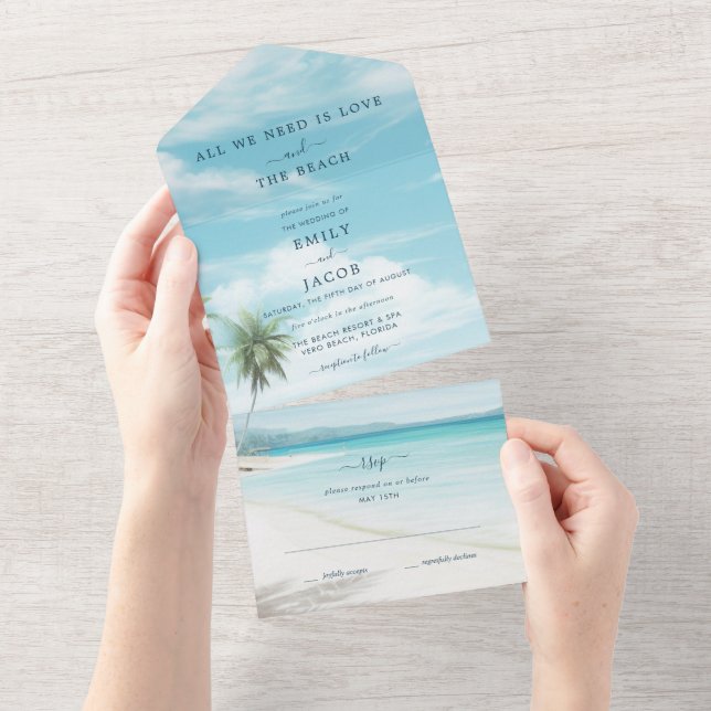 Invitation Tout En Un Watercolor Beach Wedding  (Déchirure)