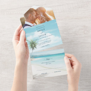Invitation Tout En Un Watercolor Beach Wedding avec photo