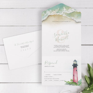 Invitation Tout En Un Watercolor Lighthouse Mariage tout en un