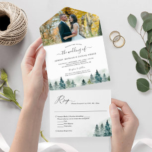 Invitation Tout En Un Watercolor Pine Tree Forest Woods Mariage Photo