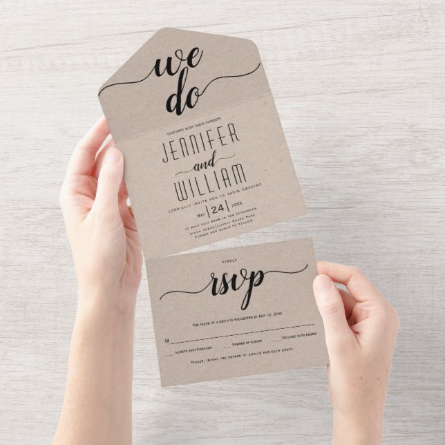 Invitation Tout En Un "We do" élégant script calligraphie kraft mariage (Déchirure)