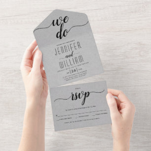 Invitation Tout En Un "We do" script calligraphie gris kraft weddin