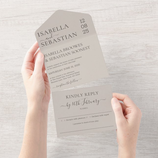 Invitation Tout En Un Wedding Soft Beige Kindly Reply invite (Déchirure)