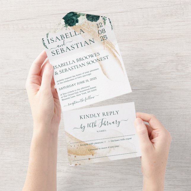Invitation Tout En Un Wedding White Kindly Reply Emerald Green Rose (Déchirure)