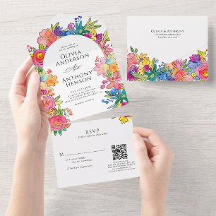 Invitation Tout En Un Whimsy Bold Floral Aquarelle QR Code Mariage