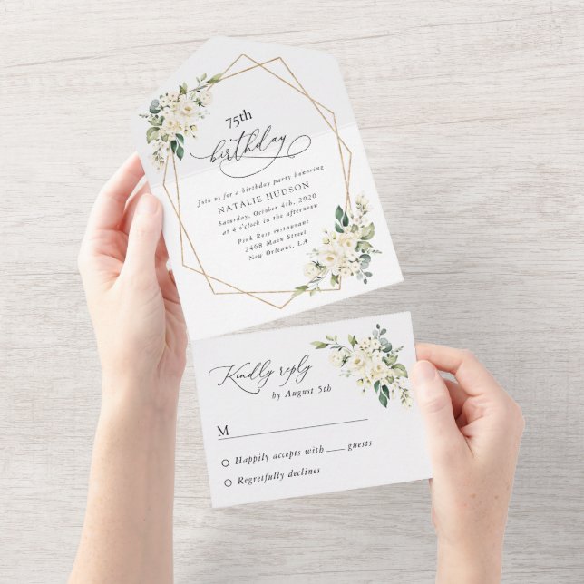 Invitation Tout En Un White Flowers, Cream Flowers, Boho, Birthday (Déchirure)