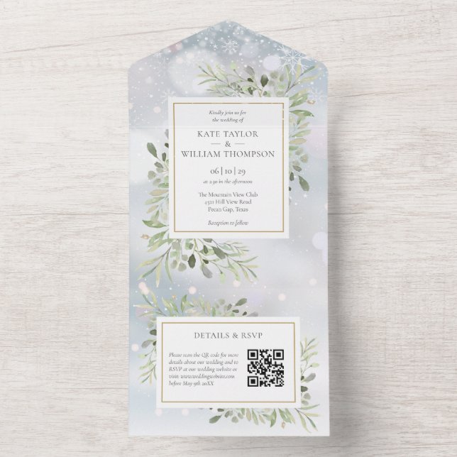 Invitation Tout En Un Winter Greenery QR Code Monogramme Mariage (À l'intérieur)