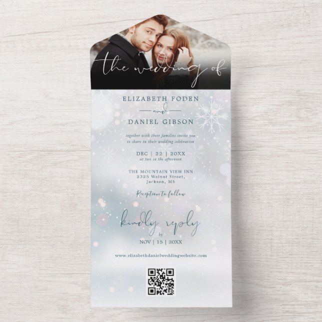 Invitation Tout En Un Winter Wonderland QR Code Mariage de neige Photo (À l'intérieur)