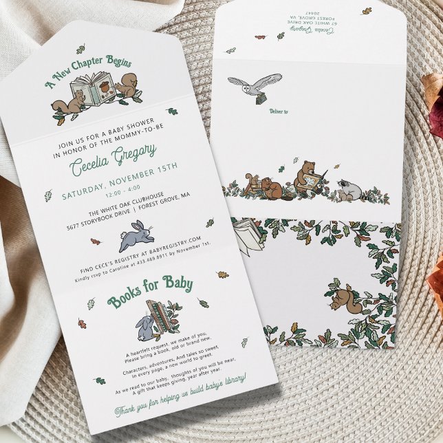 Invitation Tout En Un Woodland Animaux Livres pour le Baby shower (Woodland Animals Book Theme Baby Shower Invitation with Tear Off Book Request Card)