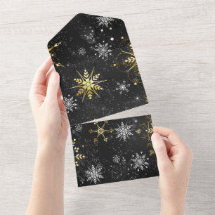 Invitation Tout En Un Xmas Golden Snowflakes on Black Background