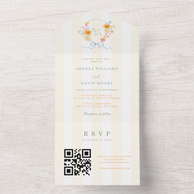 Invitation Tout En Un Yellow Stripe Crest Bow Monogram Spring Wedding (À l'intérieur)
