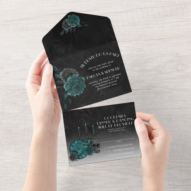 Invitation Tout En Un Zodiac Magie | Turquoise foncé vert crâne gothique (Déchirure)
