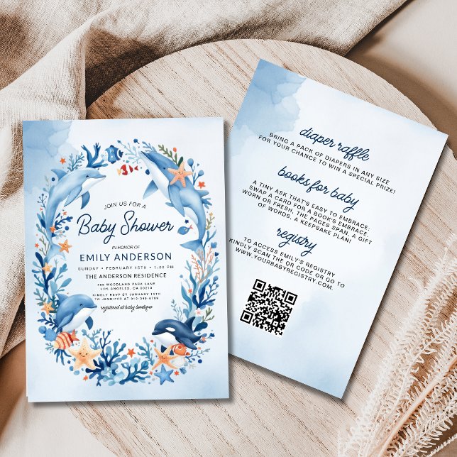 Invitation Tout en une aquarelle Baby shower sous-marin (Créateur téléchargé)