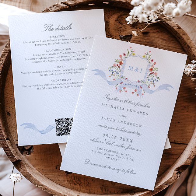 Invitation Tout en une aquarelle Régence Crest QR Mariage (Créateur téléchargé)