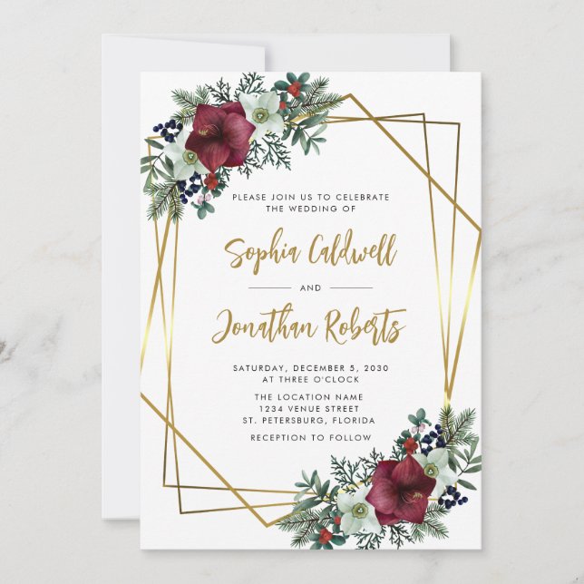 Invitation Tout en une Bourgogne Amaryllis Gold Floral Mariag (Devant)